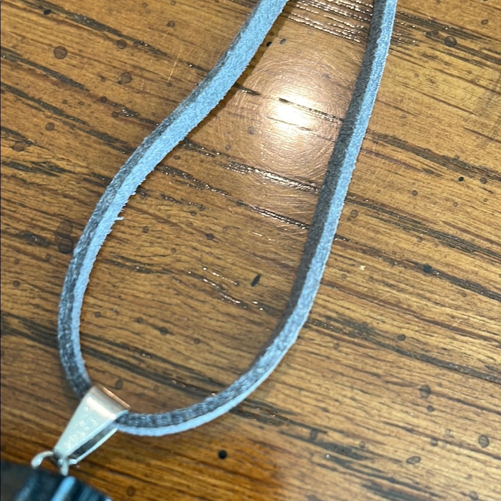 Black Tourmaline Pendant Necklace on Gray leather strap. - Picture 4 of 5